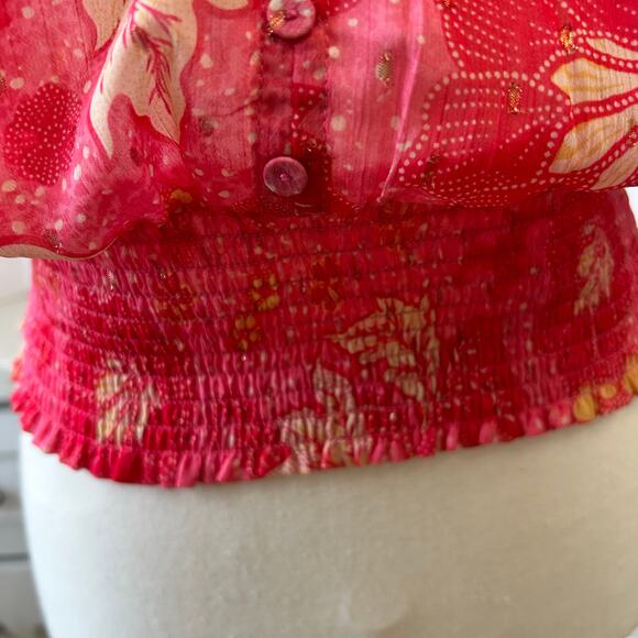 Joie Semi Sheer Pink Floral Top Womens Sz Medium Smocked Waist Cottagecore Boho - Picture 12 of 12